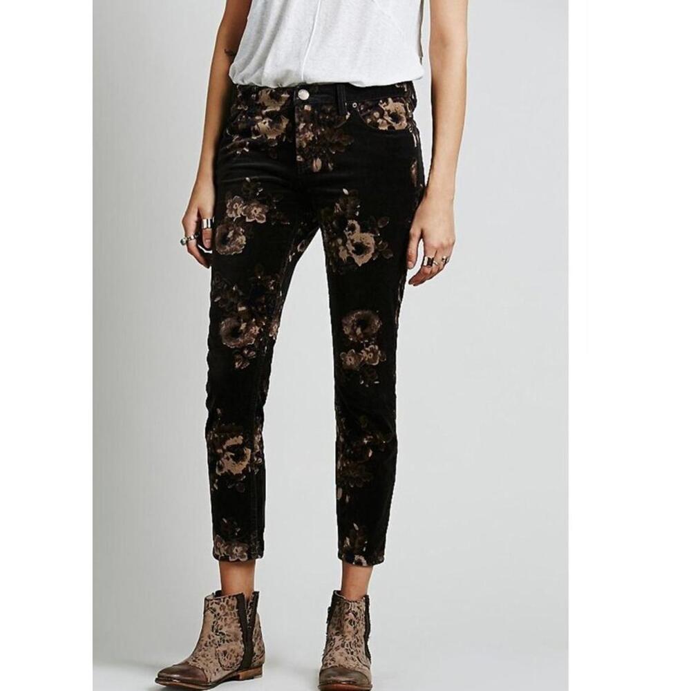 Free People Women's Boho Brown Velvet Velour Floral Skinny Pants Size 25 #CB9